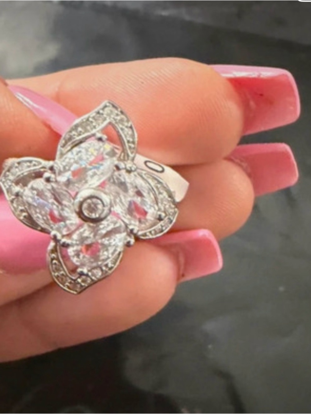 Silver-Tone Crystal Floral Cocktail Ring - Pink Accent